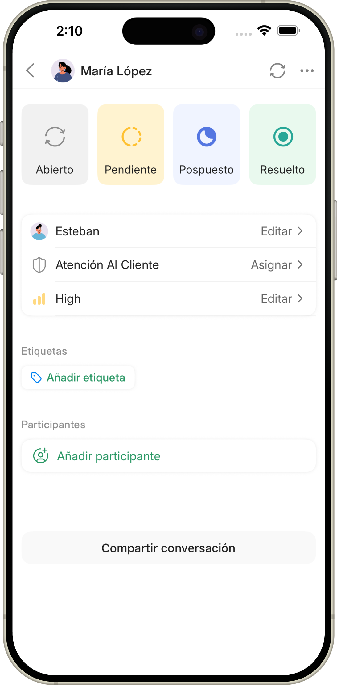 Interfaz de gestión móvil de Zelta Chat mostrando estados de conversación