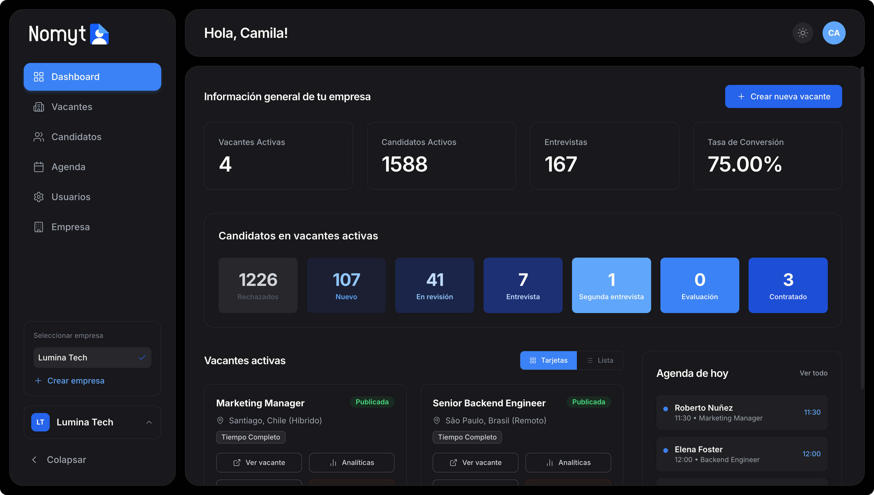 Nomyt — vista previa del panel de reclutamiento