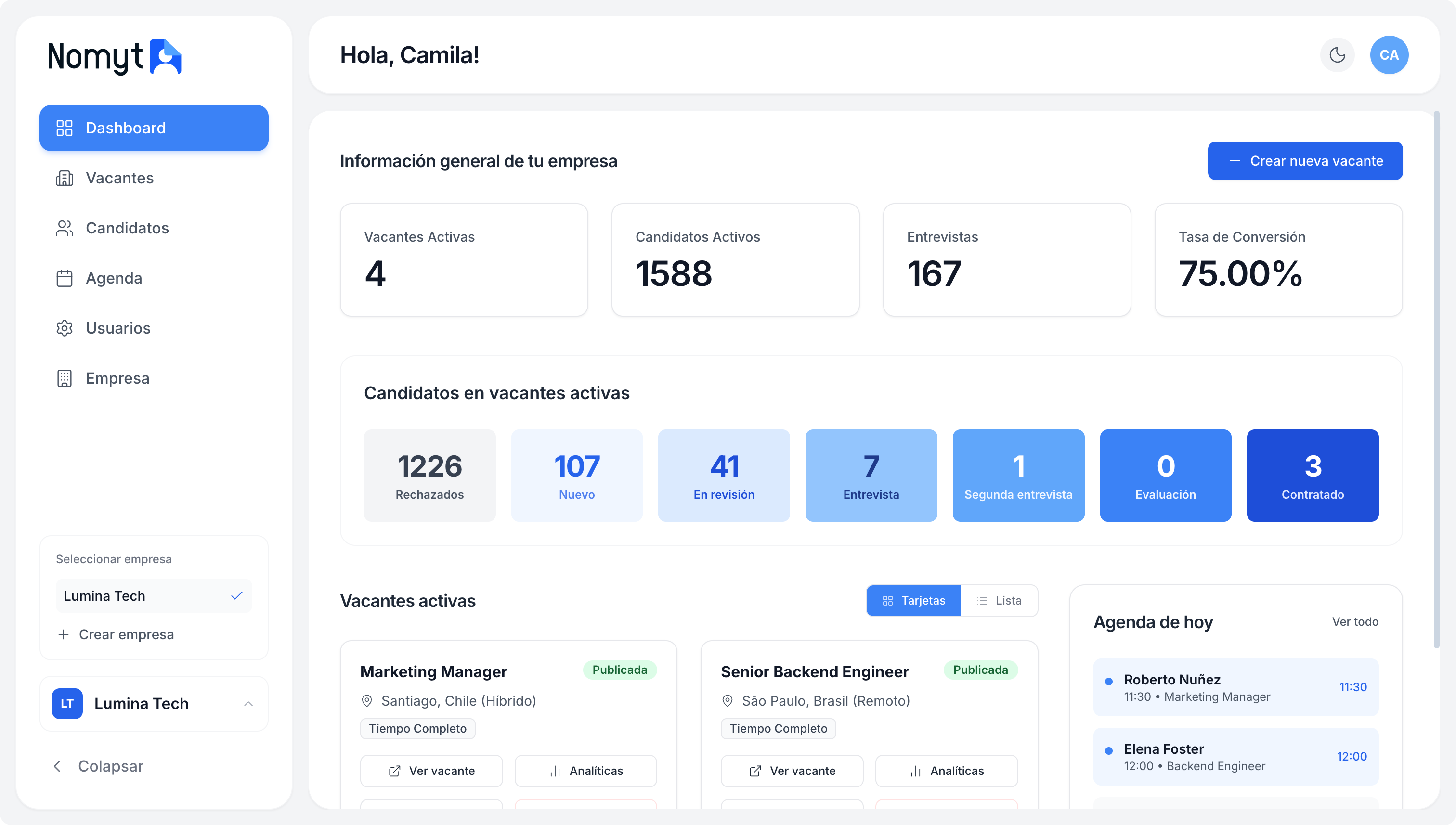 Nomyt — vista previa del panel de reclutamiento