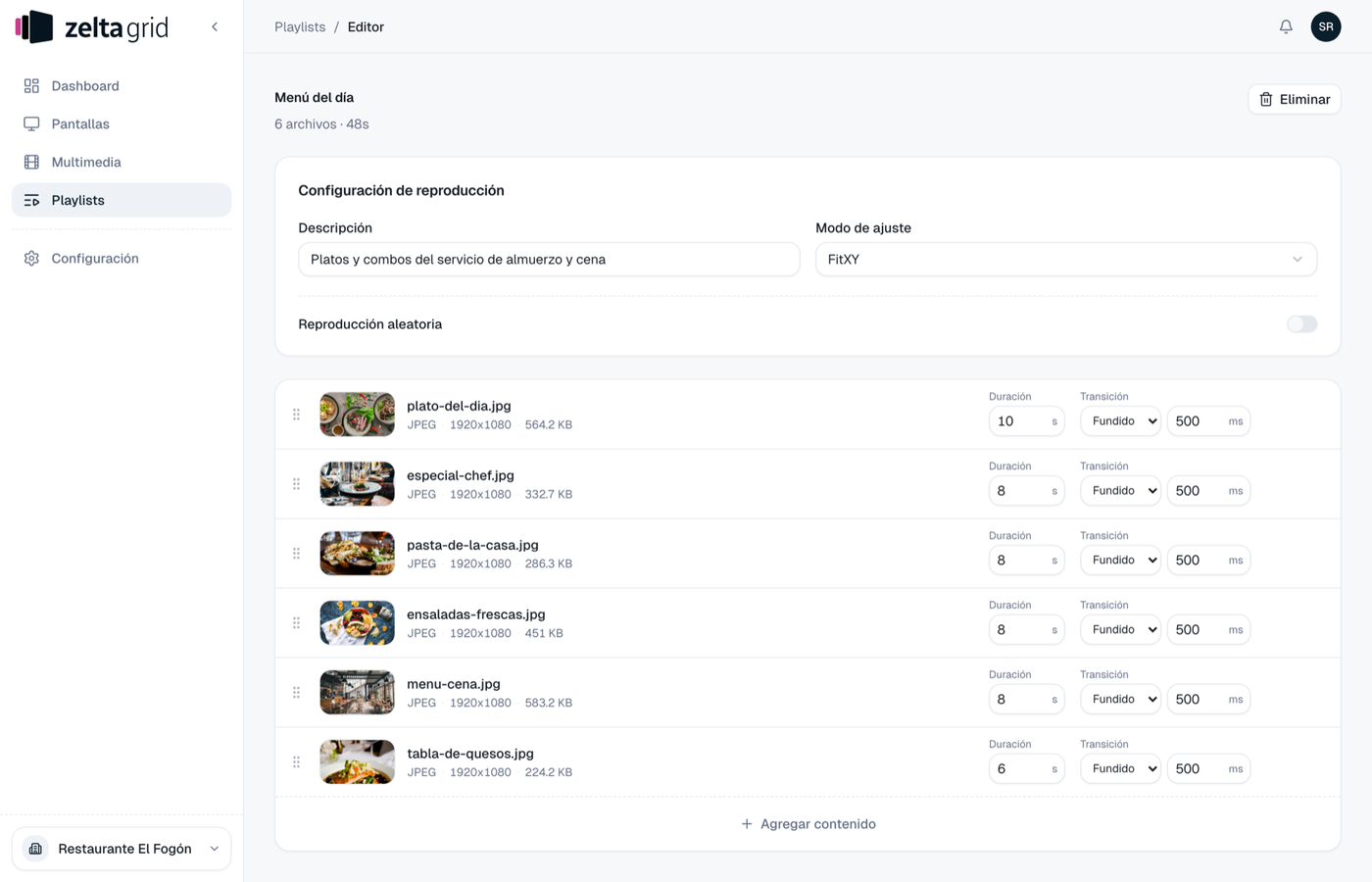 Zelta Grid — editor de playlist con la duración y la transición de cada archivo